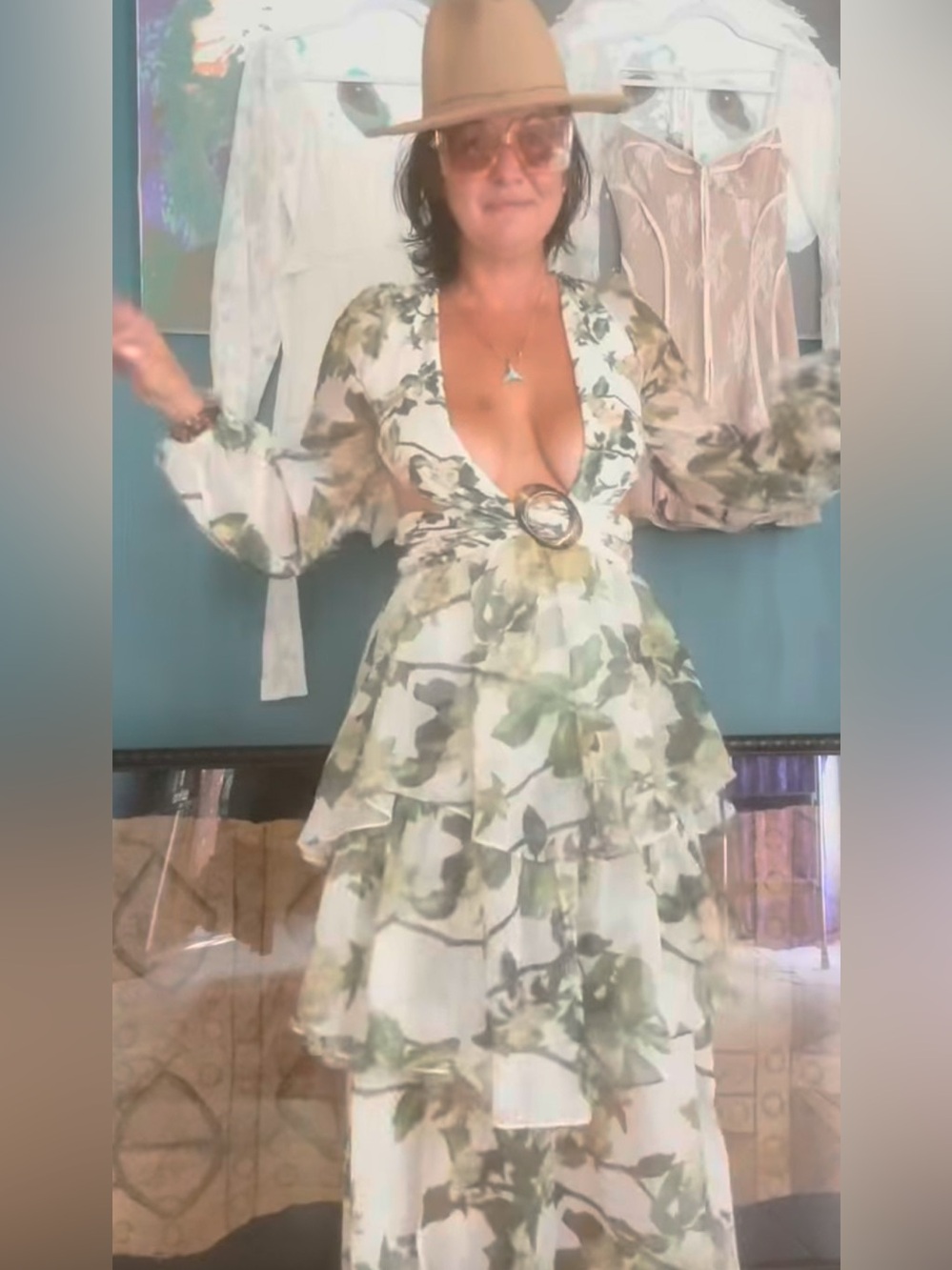 Floral Maxi Dress with Green Leaf Print